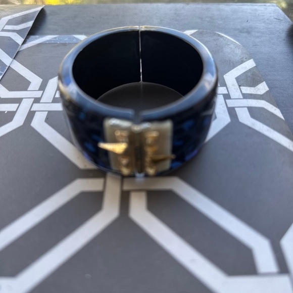 Alexis Bittar Navy Blue/Black Animal Print Hinged Bangle w/Gold Accents